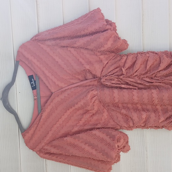 Lulu's Dusty Rose Dress-Ruched-Asymmetrical - Picture 5 of 7